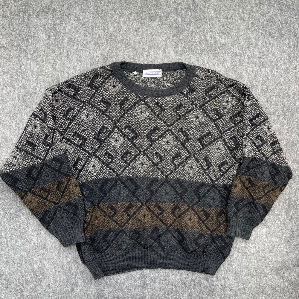 Pronto Uomo Sweater Mens L 52 Made in Italy Geometric Knit Brown Vintage